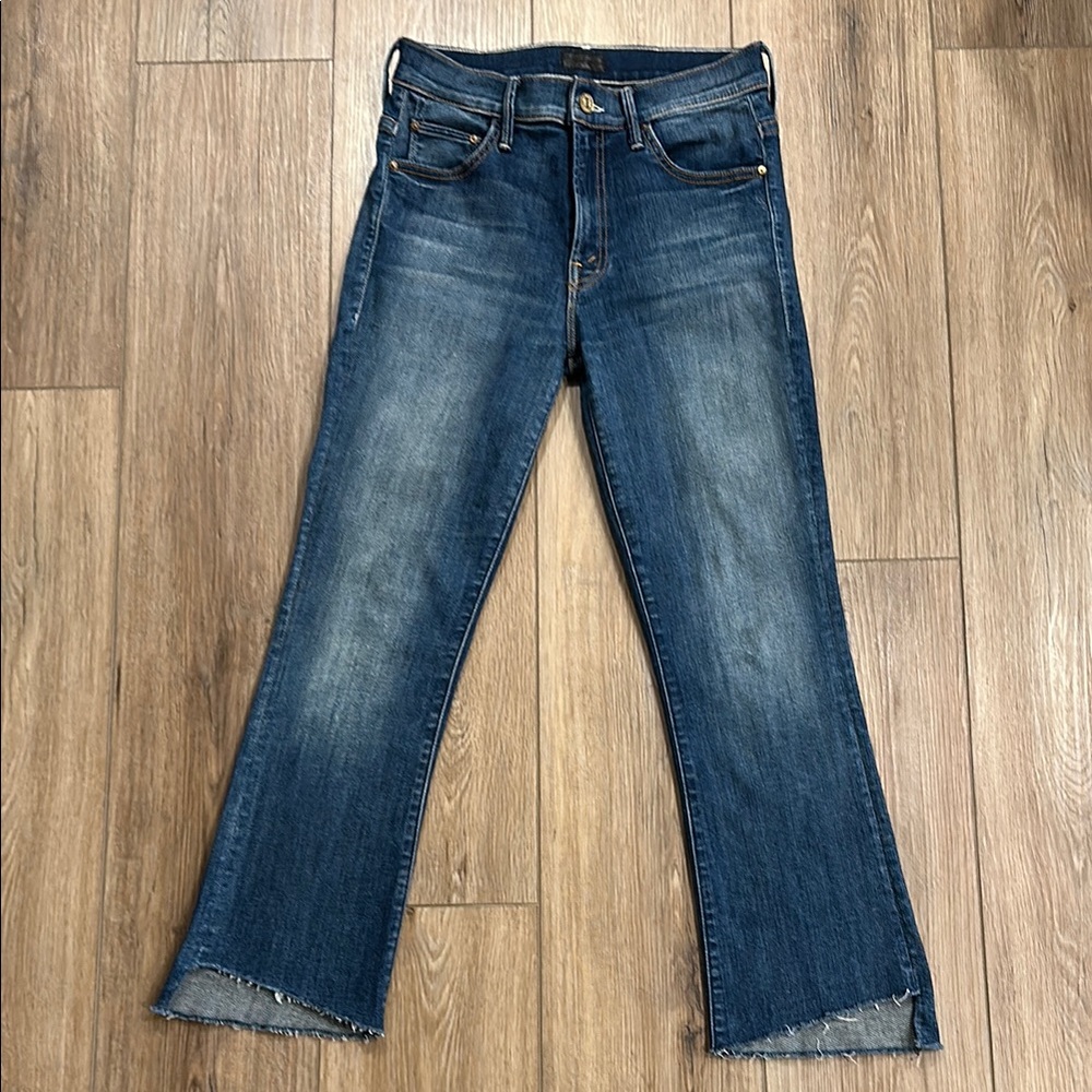 MOTHER Blue Flared Raw Hem Jeans